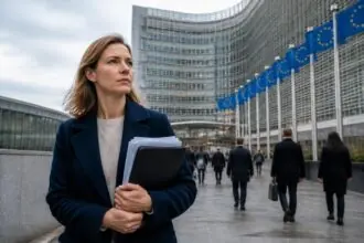 Εργαζόμενοι περνούν μπροστά από κτίριο της Ευρωπαϊκής Επιτροπής στις Βρυξέλλες, συμβολική εικόνα για τις περικοπές δαπανών