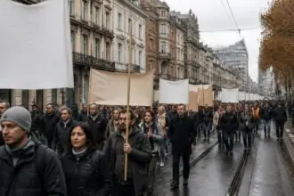 Συμβολική εικόνα συγκέντρωσης διαδηλωτών σε κεντρικό δρόμο των Βρυξελλών στο Βέλγιο