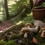 Symbolbild gesammelter Wildpilze neben einem Korb auf einem Waldboden