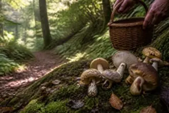 Symbolbild gesammelter Wildpilze neben einem Korb auf einem Waldboden