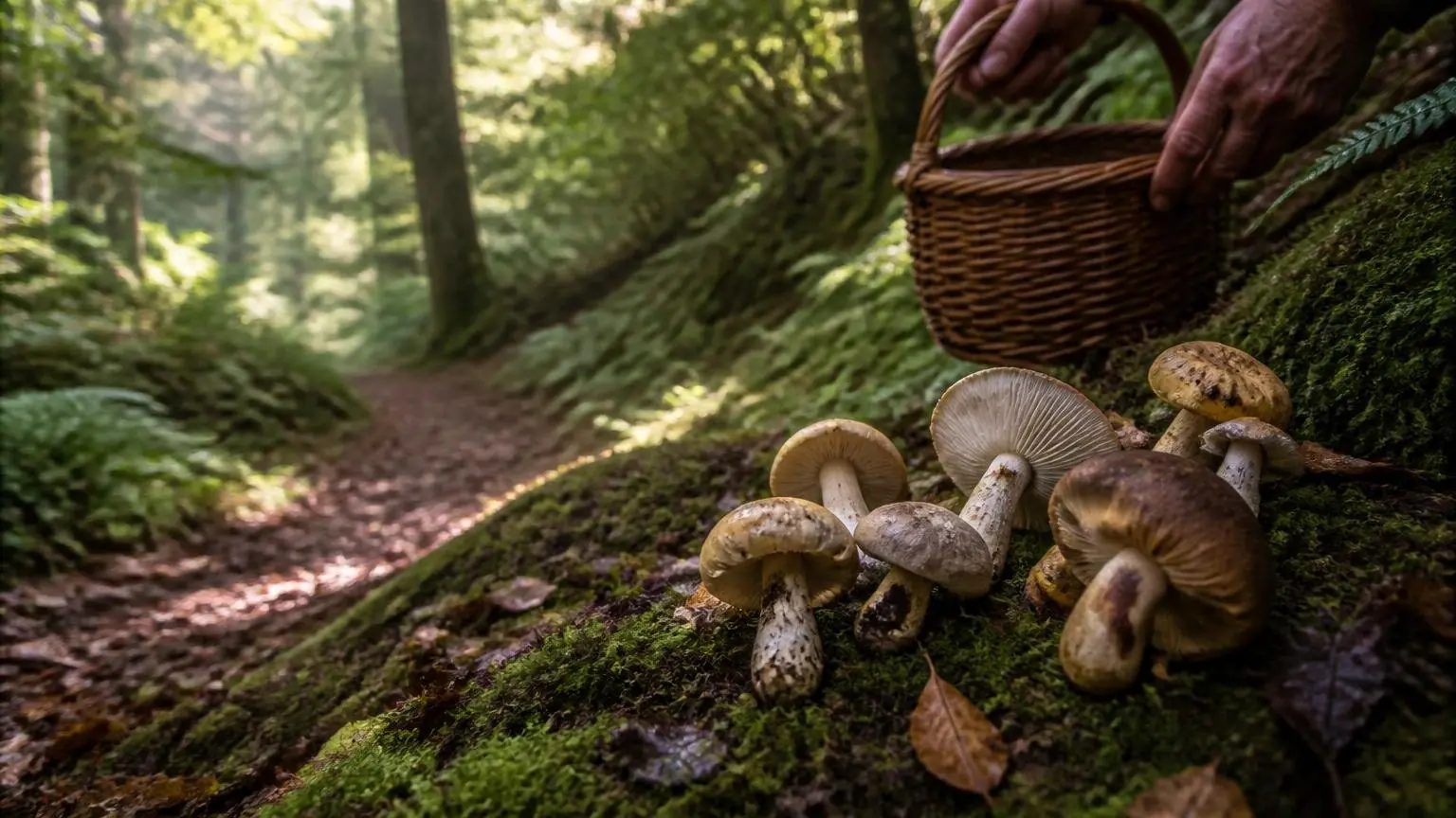 Symbolbild gesammelter Wildpilze neben einem Korb auf einem Waldboden