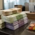 Δεσμίδες χαρτονομισμάτων ευρώ δίπλα σε μικρό σακουλάκι με ζελεδάκια πάνω σε πάγκο τράπεζας.