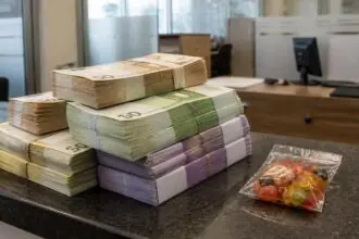 Δεσμίδες χαρτονομισμάτων ευρώ δίπλα σε μικρό σακουλάκι με ζελεδάκια πάνω σε πάγκο τράπεζας.