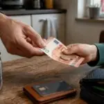 Γονέας δίνει χαρτζιλίκι σε ευρώ σε παιδί, δίπλα σε αποταμιευτικό δοχείο και κάρτα πάνω σε τραπέζι.