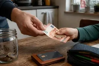 Γονέας δίνει χαρτζιλίκι σε ευρώ σε παιδί, δίπλα σε αποταμιευτικό δοχείο και κάρτα πάνω σε τραπέζι.