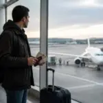 Ταξιδιώτης με βαλίτσα κρατά ταξιδιωτικά έγγραφα και μετρητά σε γερμανικό αεροδρόμιο