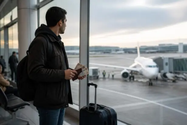 Ταξιδιώτης με βαλίτσα κρατά ταξιδιωτικά έγγραφα και μετρητά σε γερμανικό αεροδρόμιο