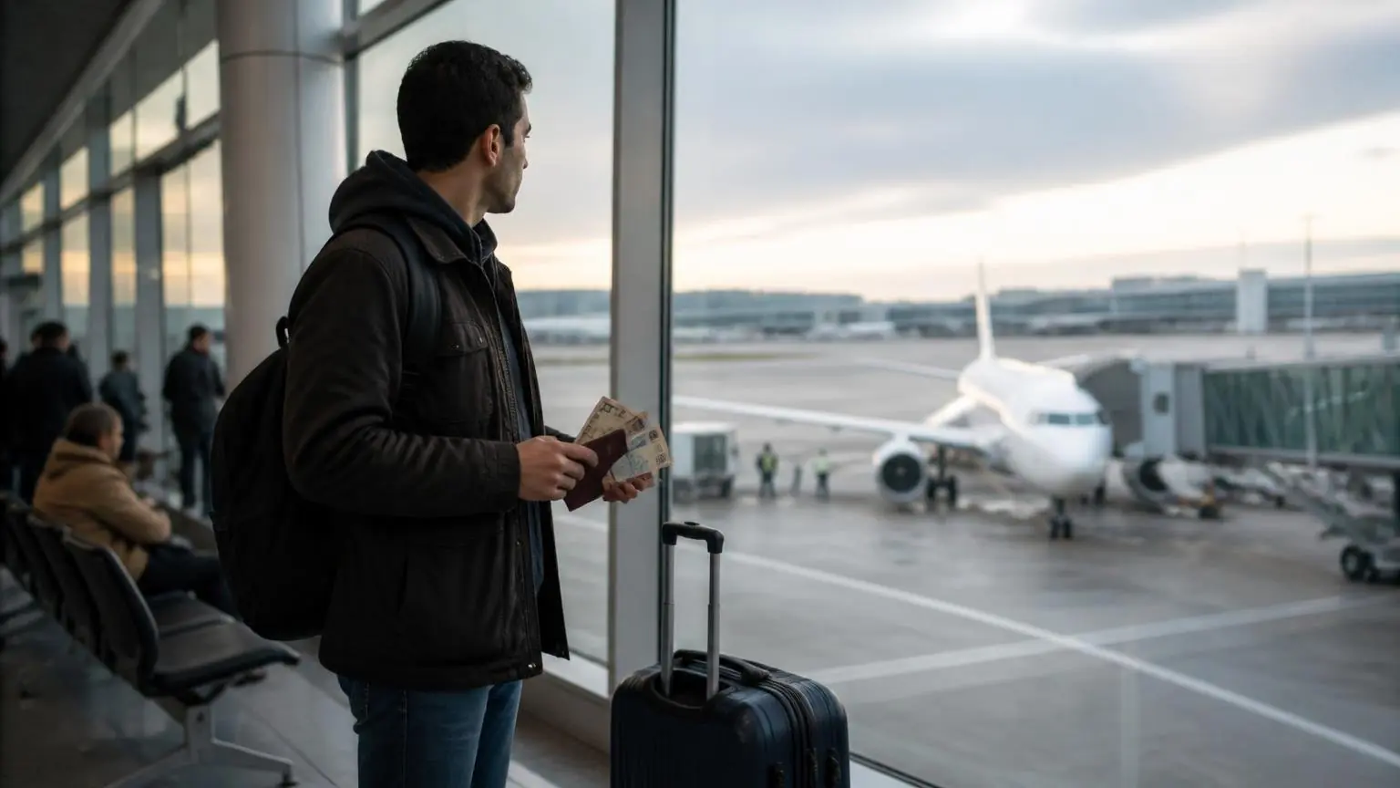 Ταξιδιώτης με βαλίτσα κρατά ταξιδιωτικά έγγραφα και μετρητά σε γερμανικό αεροδρόμιο