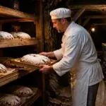 Συμβολική απεικόνιση αρτοποιού που τοποθετεί χριστουγεννιάτικα Stollen σε ράφια παλιού ορυχείου