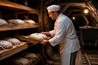Συμβολική απεικόνιση αρτοποιού που τοποθετεί χριστουγεννιάτικα Stollen σε ράφια παλιού ορυχείου