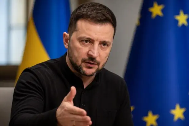 Ο Βολοντίμιρ Ζελένσκι σε συμβολική απεικόνιση με σημαίες της Ουκρανίας και της Ευρωπαϊκής Ένωσης.