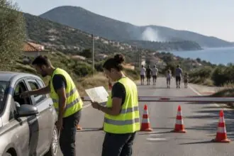 Symbolische Darstellung einer Evakuierungsübung mit freiwilligen Helfern und einer Straßensperre in einer griechischen Küstenregion