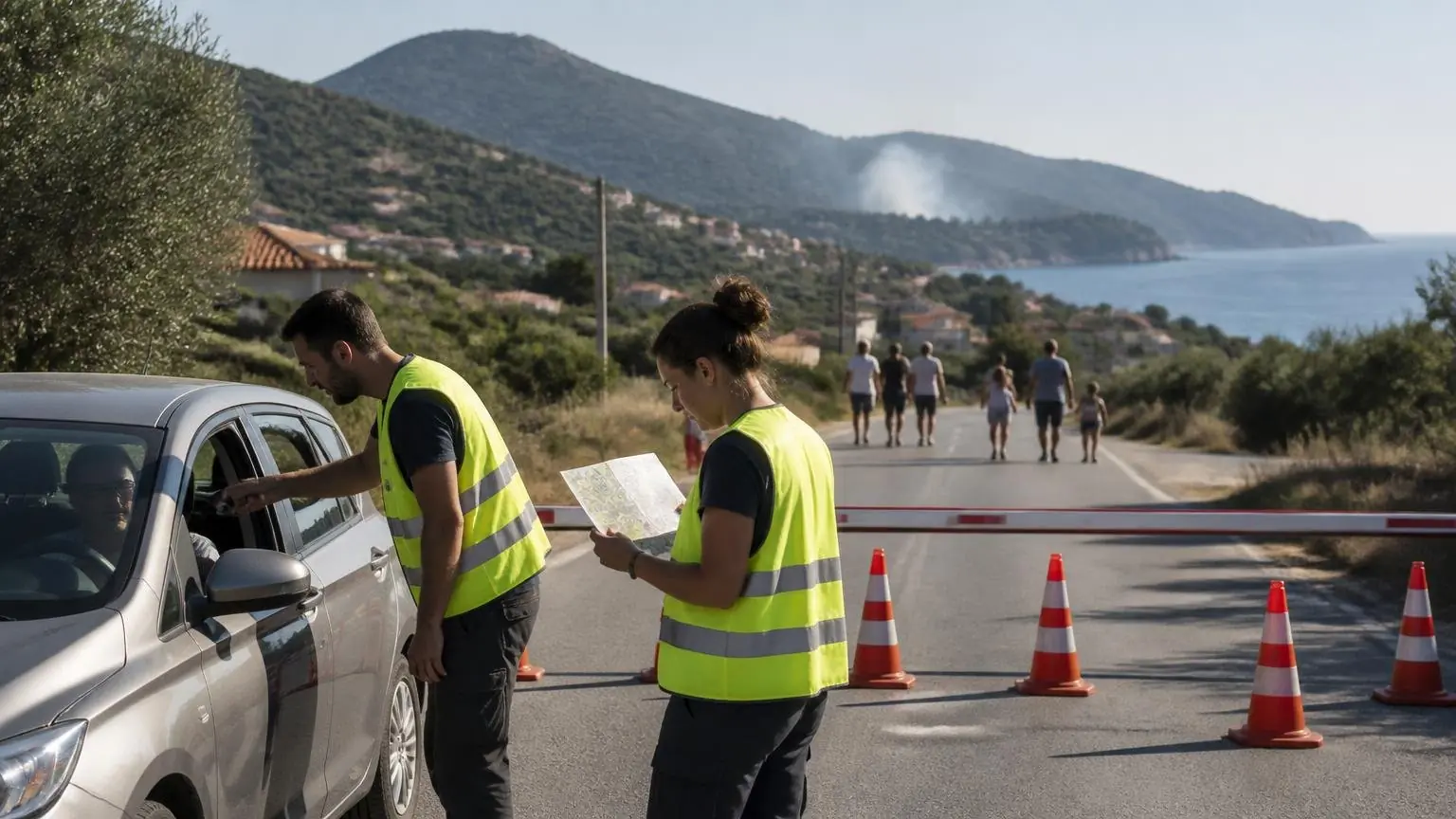 Symbolische Darstellung einer Evakuierungsübung mit freiwilligen Helfern und einer Straßensperre in einer griechischen Küstenregion