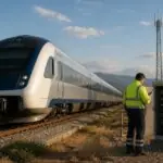 Symbolbild eines Zuges und eines Technikers an einer Funkanlage neben den Gleisen