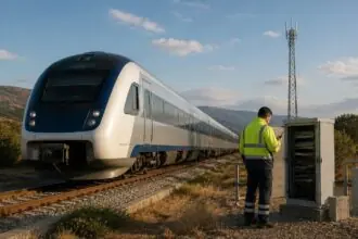 Symbolbild eines Zuges und eines Technikers an einer Funkanlage neben den Gleisen