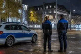 Δύο αστυνομικοί σε αστικό δρόμο της Ζυρίχης το βράδυ, συμβολική απεικόνιση